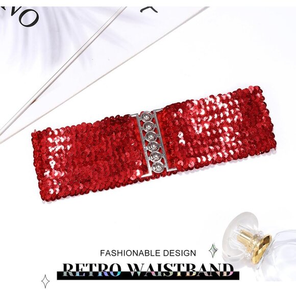 Women Sequin Wide Waist Belt Elastic Glamorous Dress Belt Stylish Accessory - Picture 7 of 7